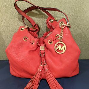 Michael Kors Slouchy Pebbled Leather Shoulder Bag in Orange. (11 x 14") Used.
